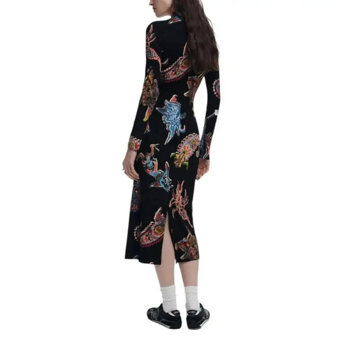 Black patterned midi dress by Desigual featuring a long turtleneck design