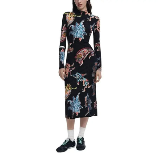 Black patterned midi dress from Desigual Women’s collection with long turtleneck design