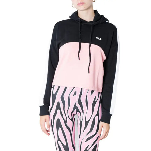 Black and pink color-blocked Fila hoodie sweatshirt for women