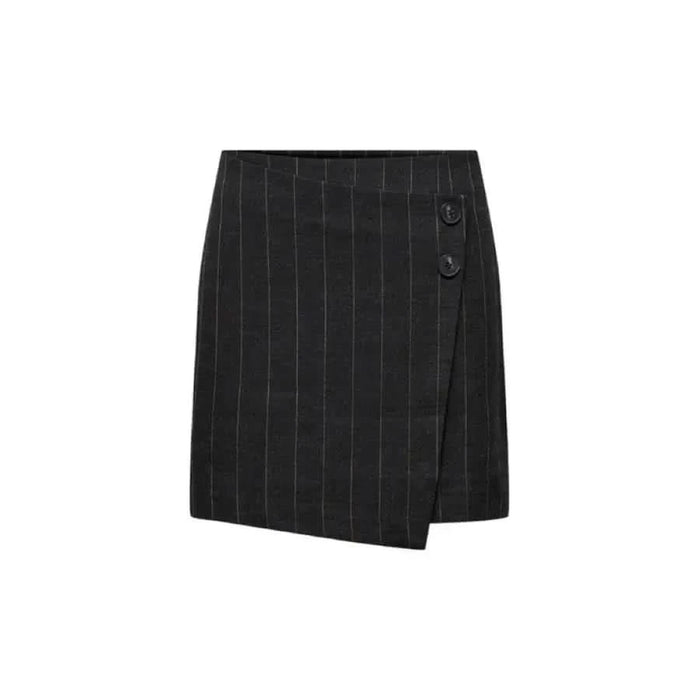 Black pinstriped wrap skirt by Only showcasing two stylish buttons on the side