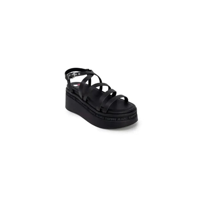 Black platform sandal with multiple straps and buckle closure by Tommy Hilfiger Jeans