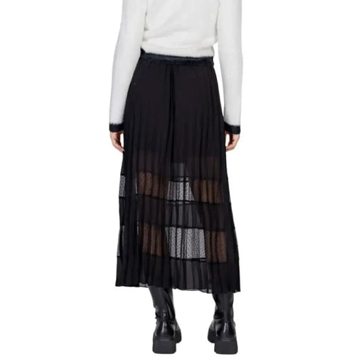 Black pleated mesh maxi skirt with sheer panels by Morgan De Toi for women