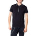 Black Armani Exchange Men Polo shirt with white trim and vertical text on placket