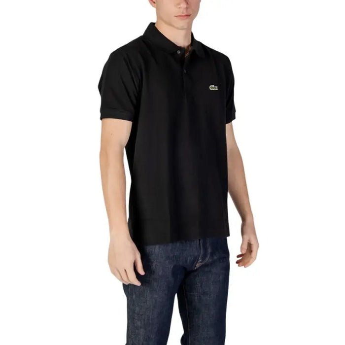 Lacoste Men’s Black Cotton Polo Shirt featuring short sleeves and a classic design