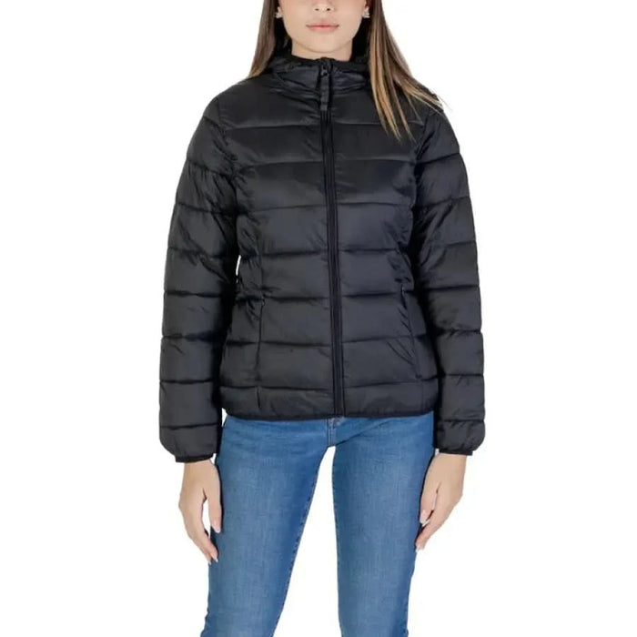 Black puffer jacket showcased with B.young Women’s Light Blue Turtleneck Jacket