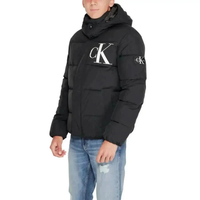 Black Calvin Klein puffer jacket featuring CK logo branding for men