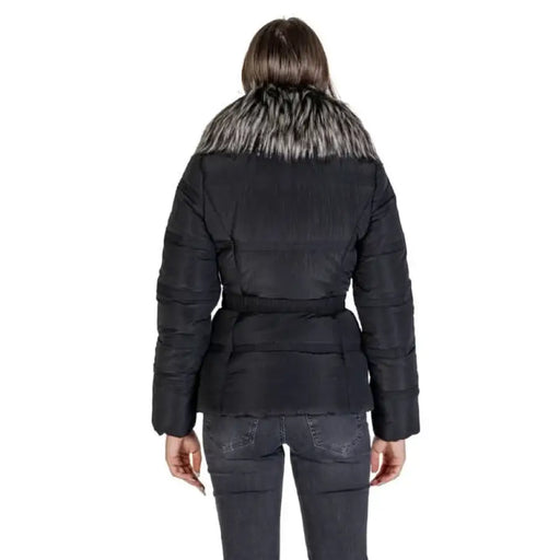 Black puffer jacket with fur collar and belted waist, displayed from behind