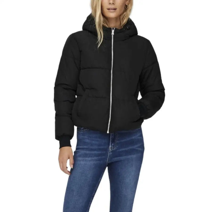 Black puffer jacket with hood and full-length zipper from Jacqueline De Yong