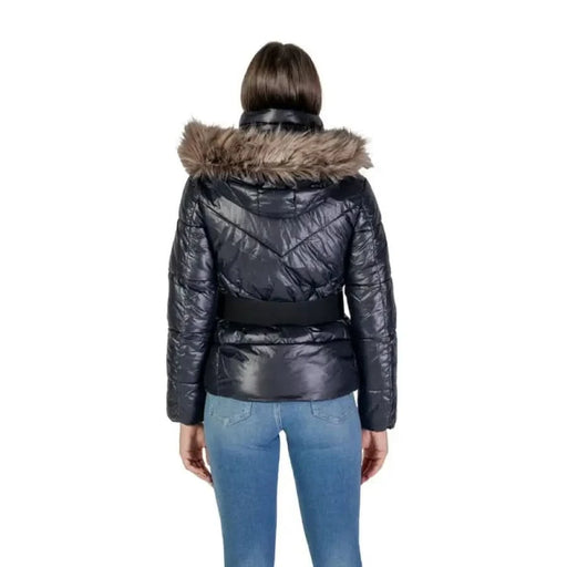 Black puffer jacket with faux fur hood and belted waist from Only Women Jacket