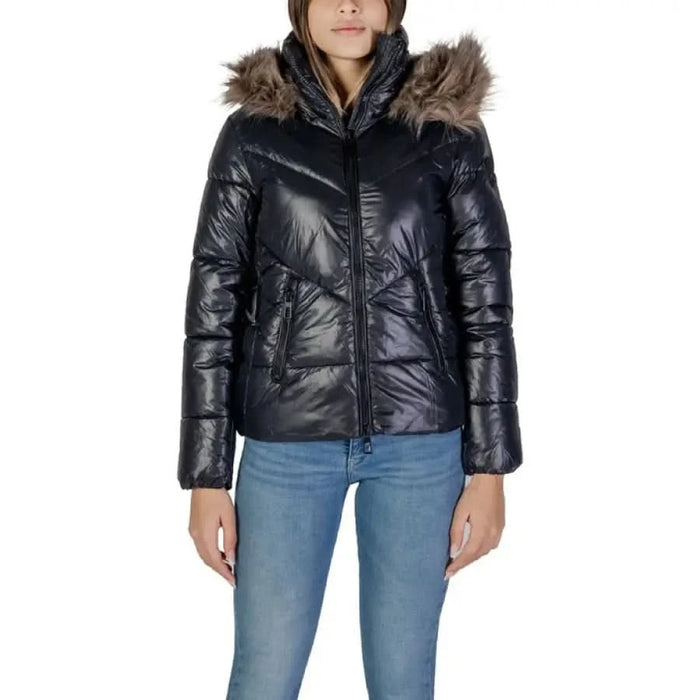 Black puffer jacket with faux fur-trimmed hood from Only Women Jacket collection