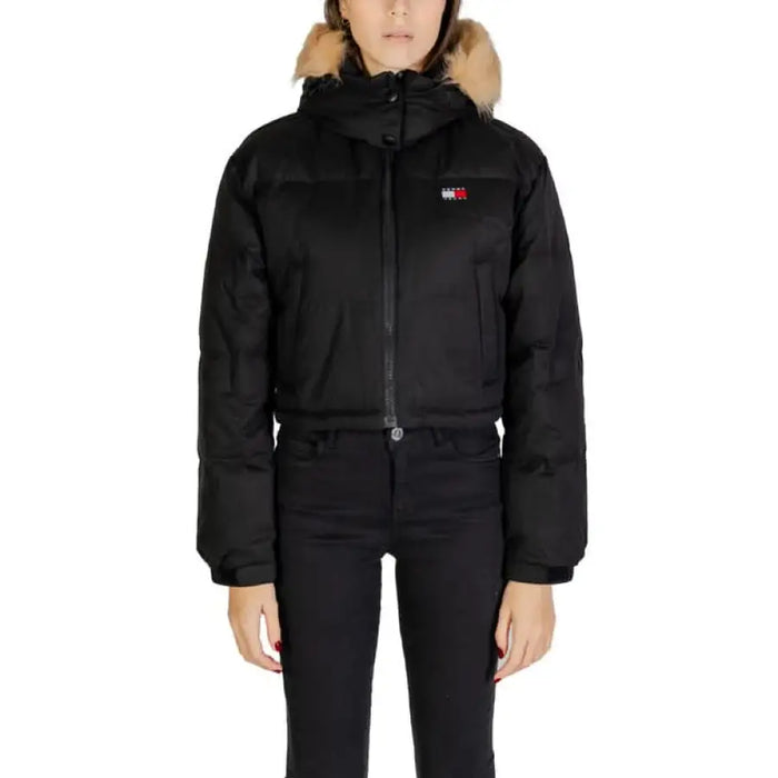 Black puffer jacket with fur-trimmed hood and Tommy Hilfiger logo for women