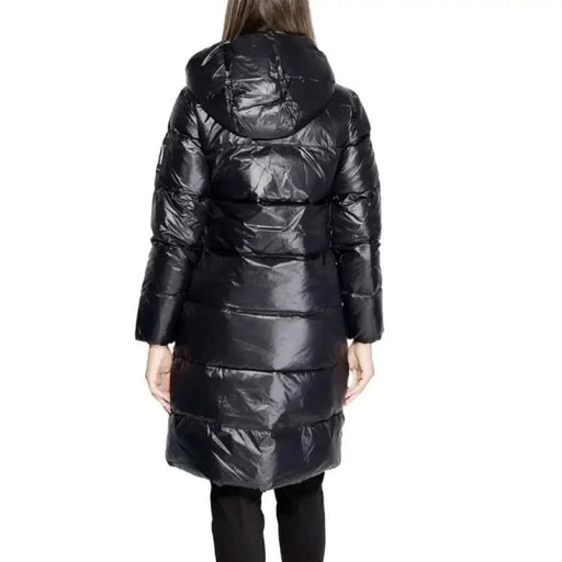 Black puffy winter coat with a hood, back view, from Armani Exchange Women’s Jacket