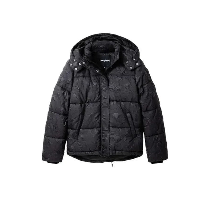 Black puffy winter jacket with hood and zipper from Desigual Womens Jacket collection