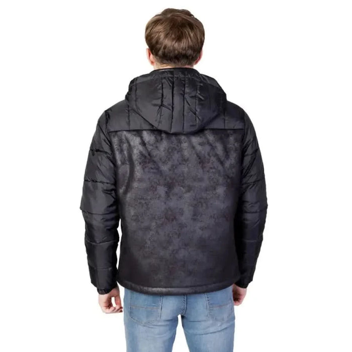 Black puffy winter jacket with hood, back view, part of Ea7 Men Jacket collection