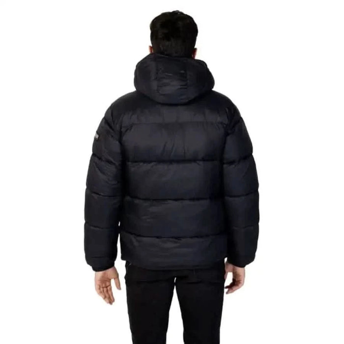 Black puffy winter jacket with hood viewed from the back by Napapijri