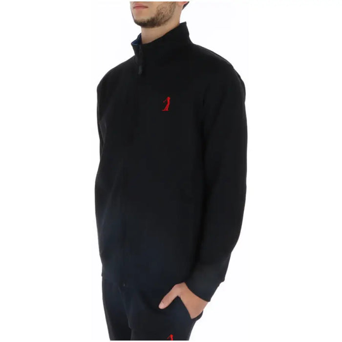 Black quarter-zip pullover sweater from U.S. Sweatshirts Collection with red logo accent