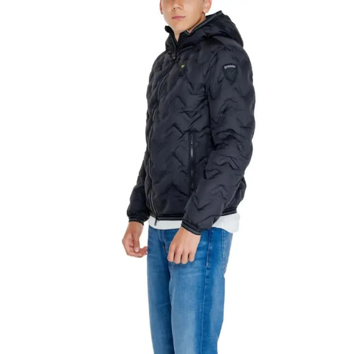 Black quilted hooded jacket with zipper closure by Blauer for men