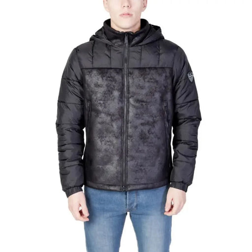 Black quilted hooded jacket with camouflage pattern by EA7 for men