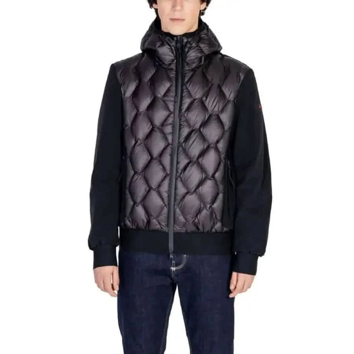 Black quilted hybrid jacket with knit sleeves and hood from Peuterey Men Jacket collection