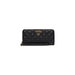 Black quilted leather wallet by Guess featuring a gold triangular logo and wrist strap