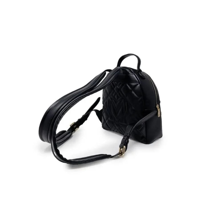 Black quilted leather backpack with adjustable straps and gold-toned hardware by Love Moschino