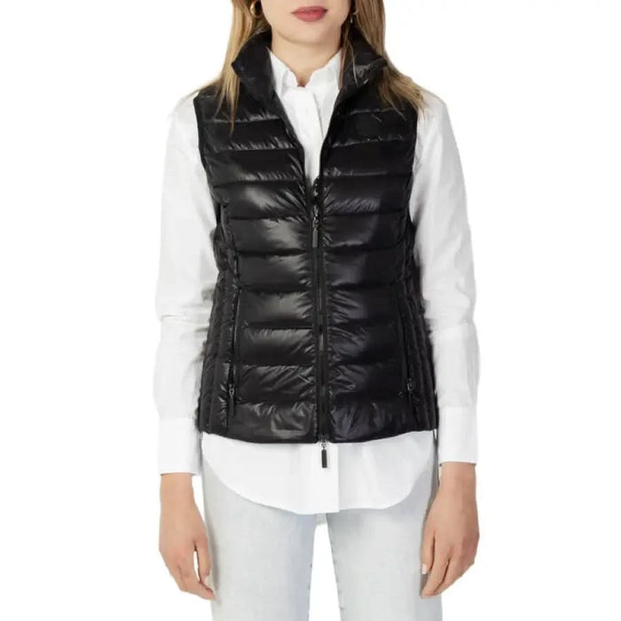 Armani Exchange Women Jacket: Black quilted puffer vest over a white shirt