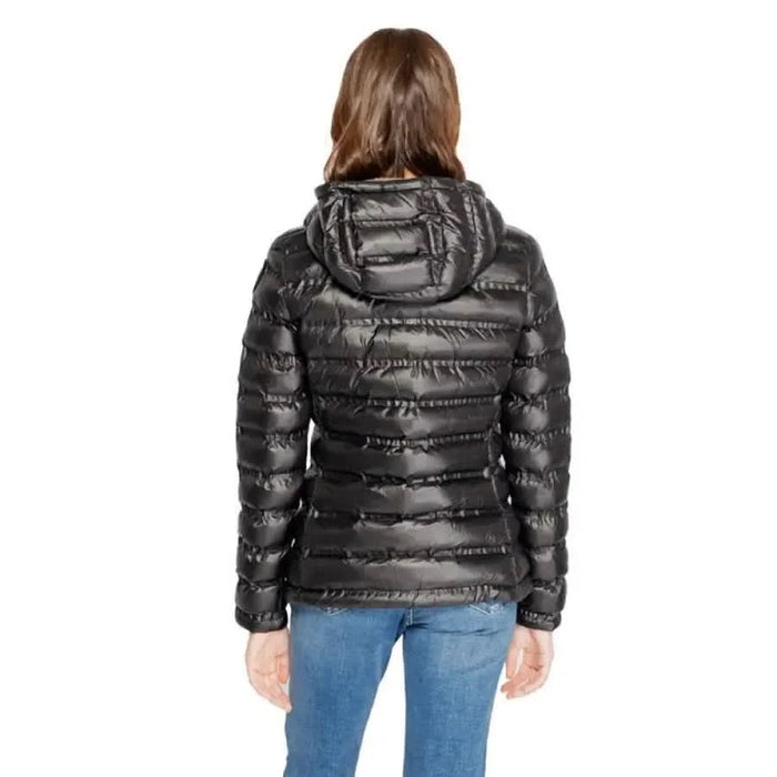 Black quilted puffer jacket with hood displayed from back, Blauer Women Jacket