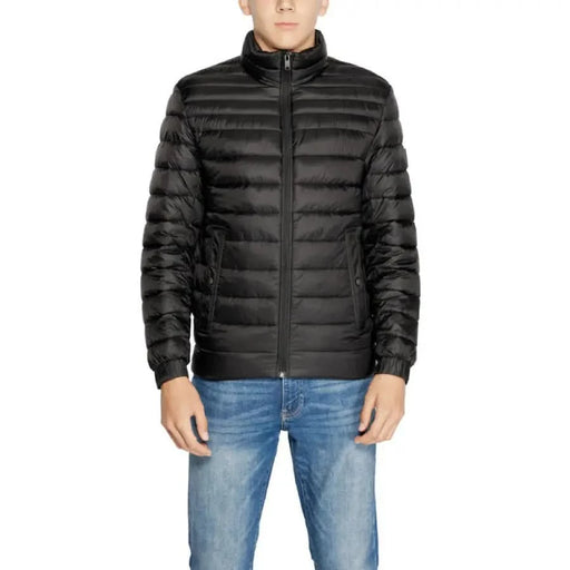 Black quilted puffer jacket with high collar and zipper from Boss Men Jacket collection