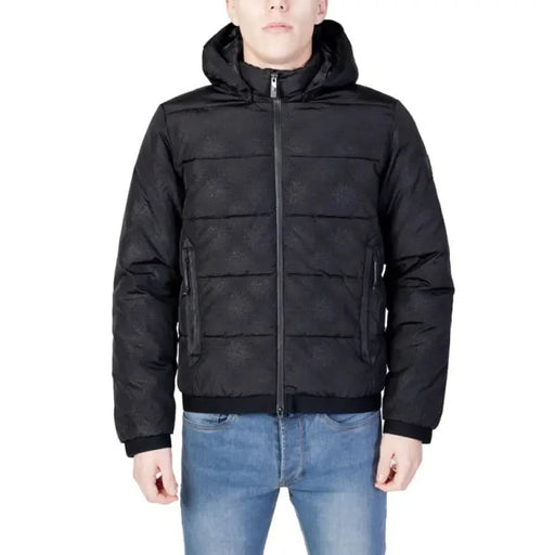 Black quilted puffer jacket with hood and zipper from Ea7 Men Jacket collection