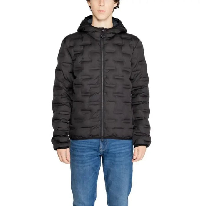 Black quilted puffer jacket with hood and zipper from Replay Men Jacket collection