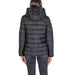 Black quilted puffer jacket with hood displayed from the back by Street One