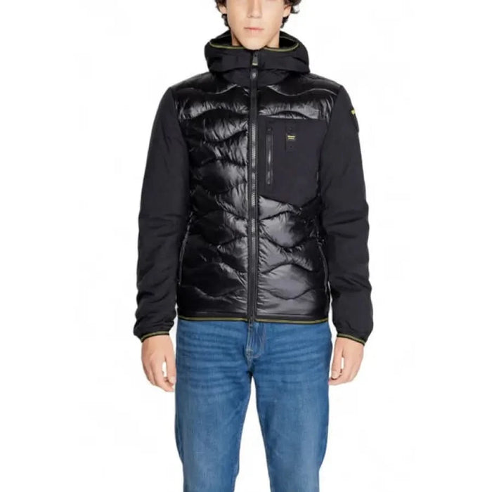 Black quilted winter jacket with high collar and zippered front by Blauer Men Jacket