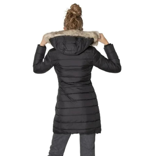 Black quilted winter coat with fur-trimmed hood, back view - Tommy Hilfiger Jeans Women Jacket