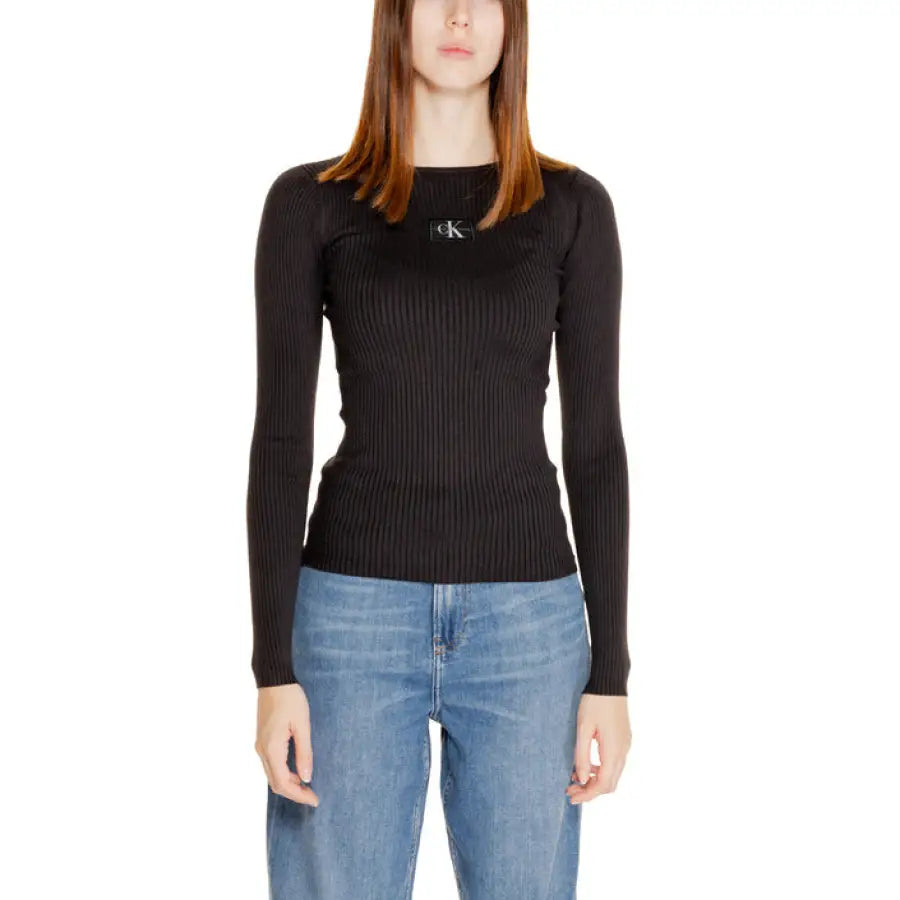 Black ribbed long-sleeve top with CK logo on chest - Calvin Klein Jeans Women Knitwear