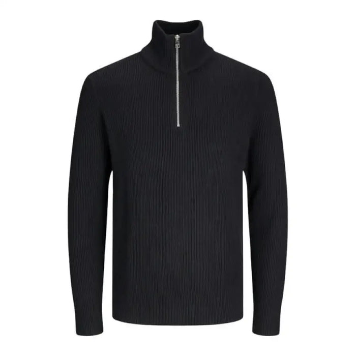 Black ribbed quarter-zip sweater with high collar from Jack & Jones Men Knitwear