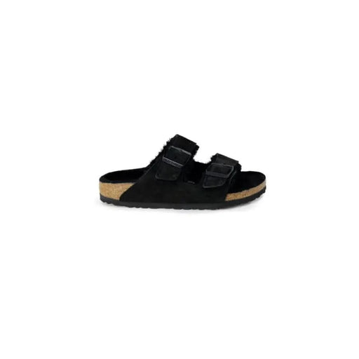 Black Birkenstock sandal with two adjustable straps and cork footbed for women