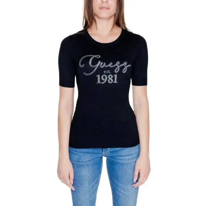 Black short-sleeved top with ’Guess est. 1981’ logo in silver lettering - Guess Women Knitwear