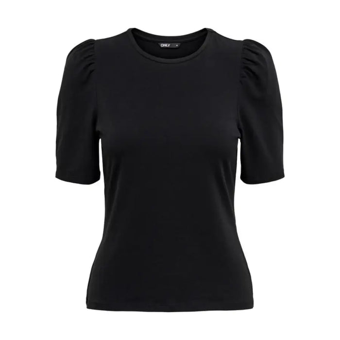 Black short-sleeved Only Women T-Shirt with puffed shoulders and round neckline