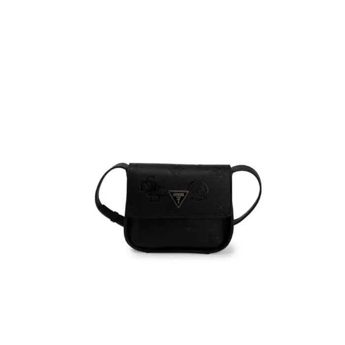 Black shoulder bag featuring a triangular logo, part of the Guess Women Bag collection