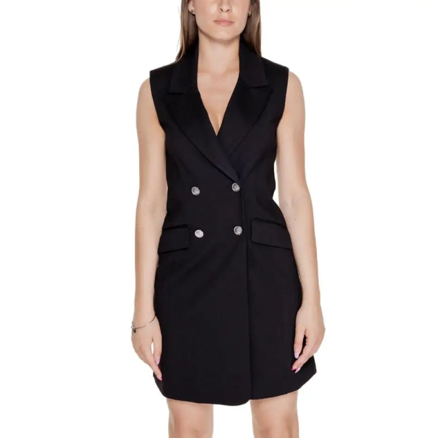 Black sleeveless double-breasted blazer dress with silver buttons by Guess