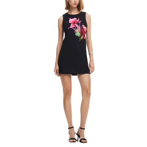 Black sleeveless mini dress with pink floral design - Desigual Women Dress