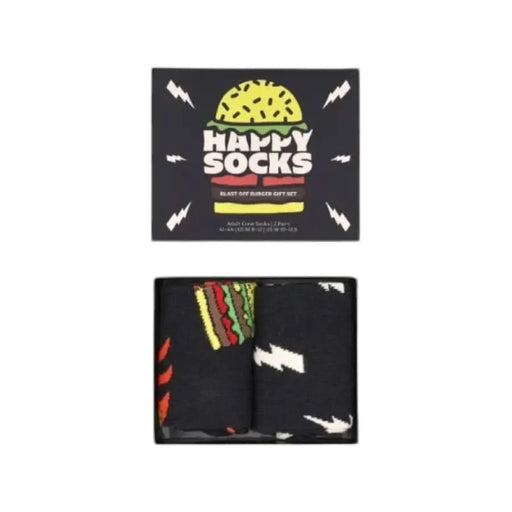 Black socks with lightning bolt and burger designs in a Happy Socks box