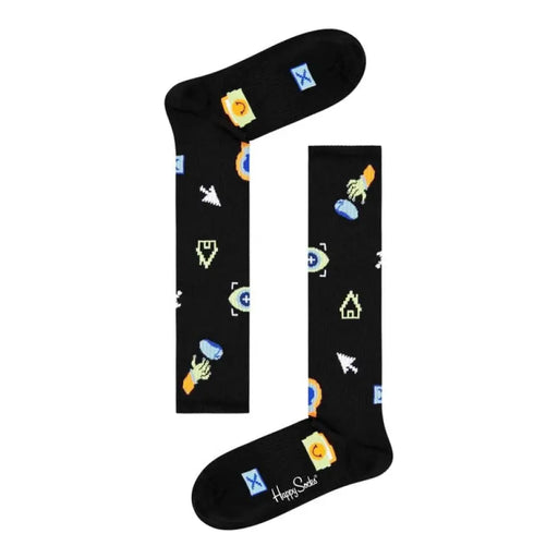 Black Happy Socks featuring colorful space-themed icons and symbols for women