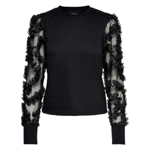 Black sweater with sheer floral-textured sleeves from Jacqueline De Yong Knitwear