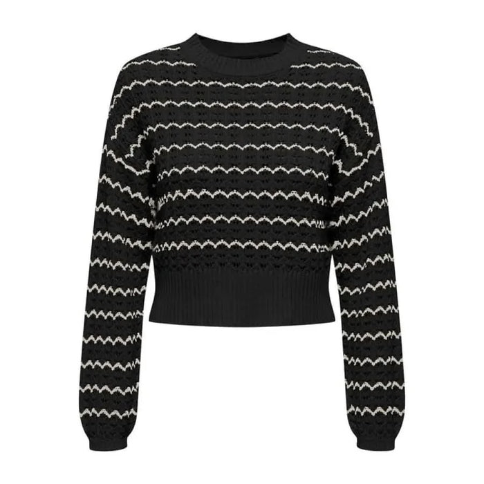 Black sweater with zig pattern from Only Women Knitwear showcasing urban city fashion