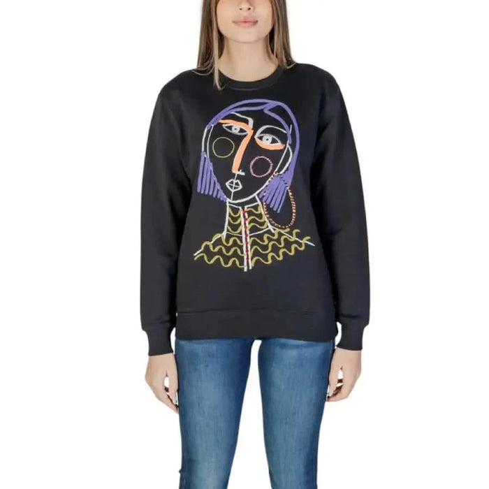 Black sweatshirt by Desigual featuring an abstract colorful face design in lines