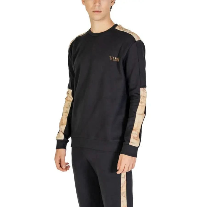 Black sweatshirt featuring beige camouflage side panels and sleeve accents by Alviero Martini