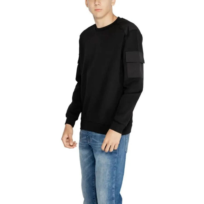 Antony Morato Men Sweatshirt Black with Cargo Pocket on Sleeve Worn with Blue Jeans