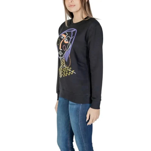 Black Desigual Women’s sweatshirt featuring a colorful geometric design on the front