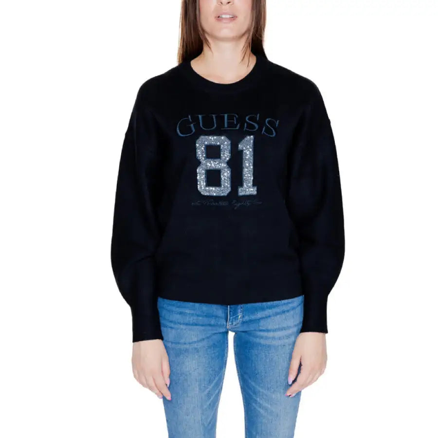 Black Guess sweatshirt for women with glittery ’GUESS 81’ print on the front